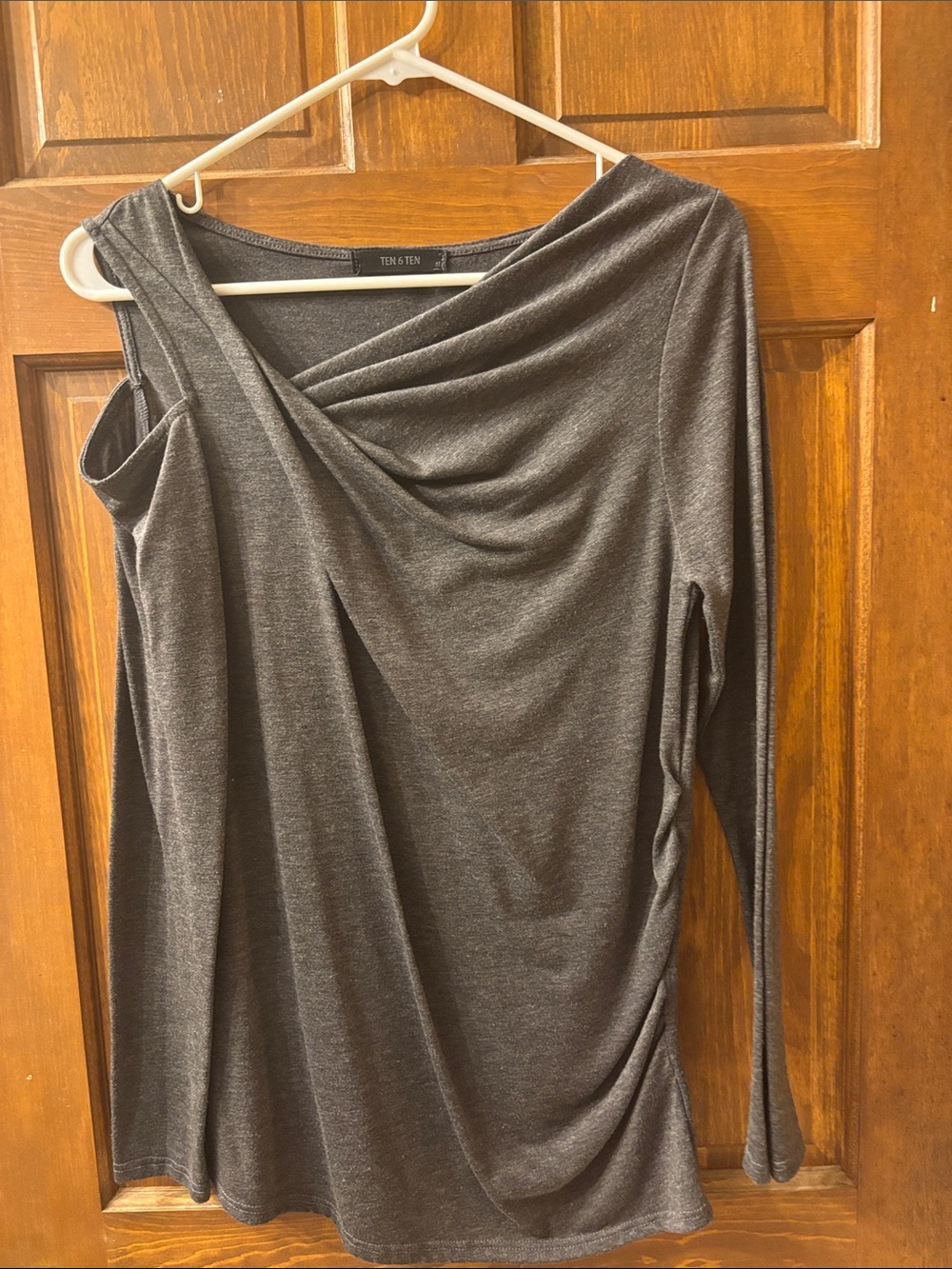 Ten & Ten Asymmetrical One-Shoulder Long Sleeve Dress in Charcoal